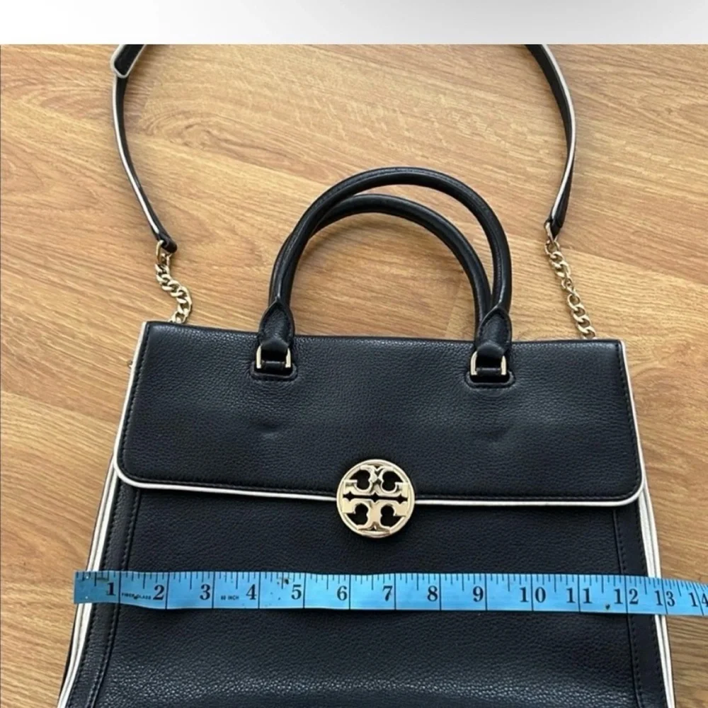 Tory Burch Black Leather Satchel with Gold Emblem